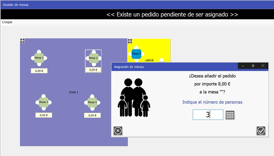 TPV Caja Amiga: Imagen de ventana de asignación de pedido a mesa