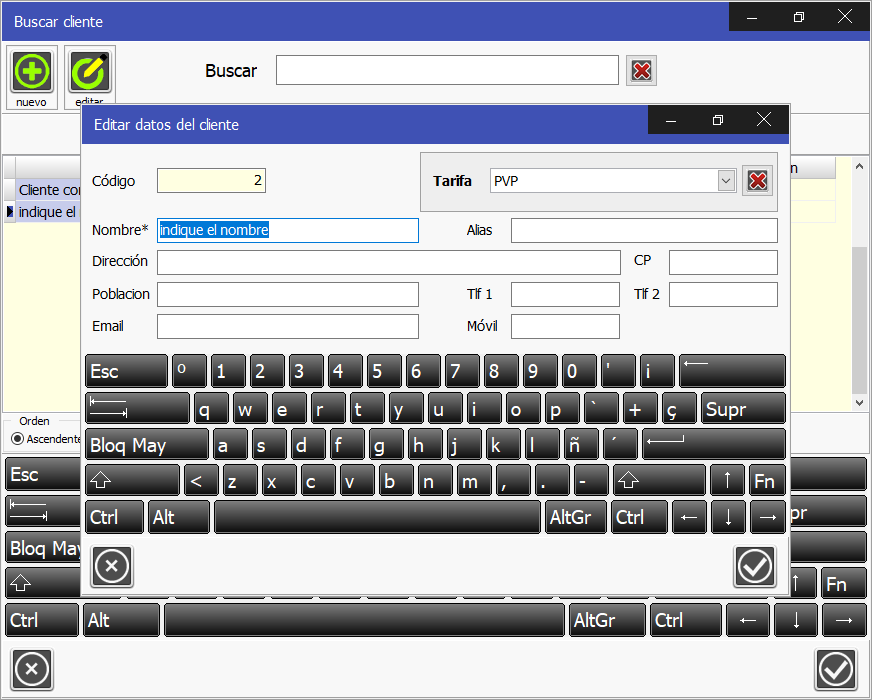 TPV Caja Amiga. Ventana de cliente nuevo