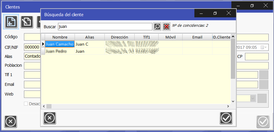 TPV Caja Amiga. Ventana de búsqueda de cliente