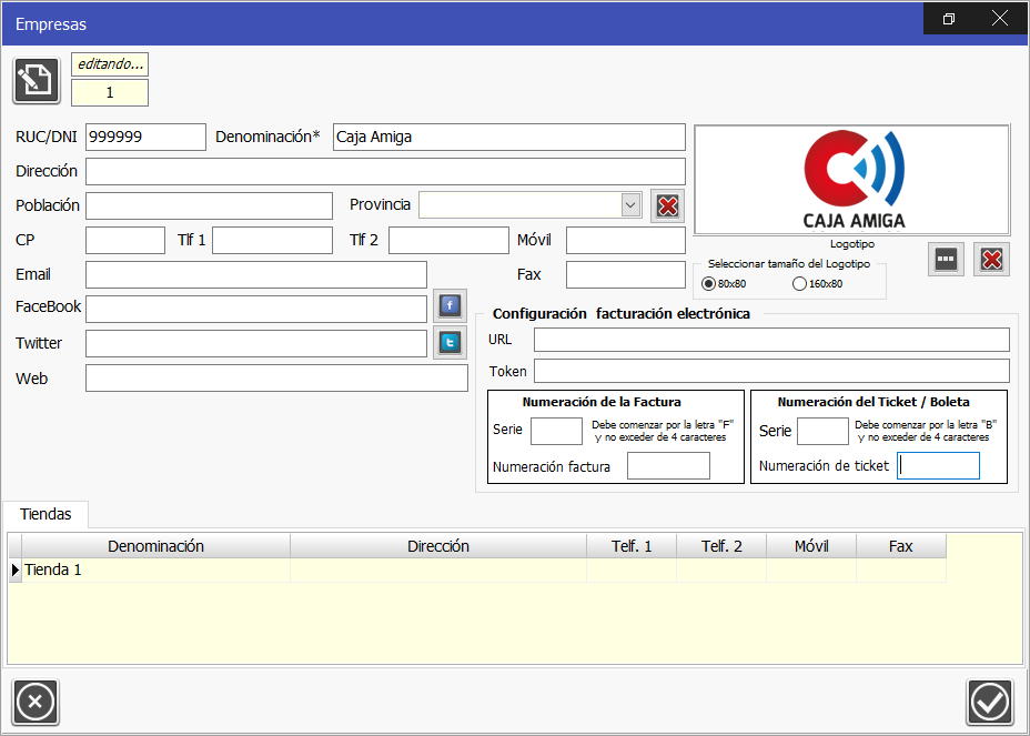 TPV Caja Amiga.Ventana de empresa