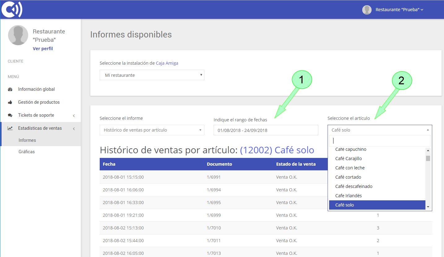 TPV Caja Amiga. Informe: Histórico de ventas por artículo