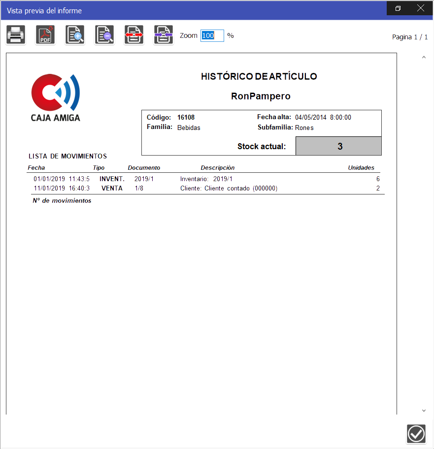 TPV Caja Amiga. Ventana vista de histórico de movimiento de un artículo