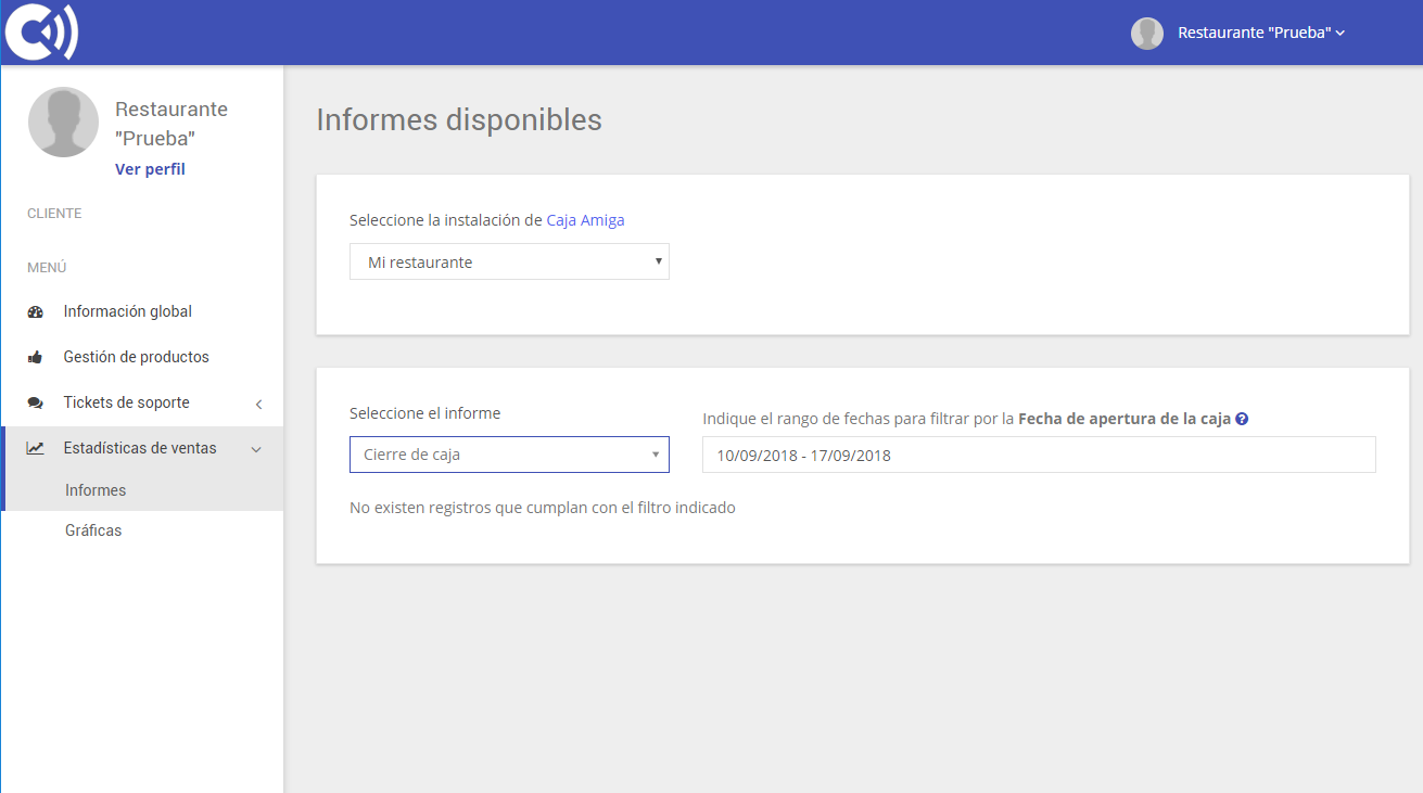 TPV Caja Amiga. Estadísticas de ventas. Informes