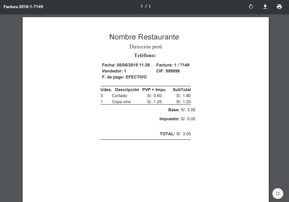 TPV Caja Amiga. Informe: Factura de venta