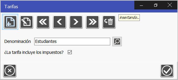 TPV Caja Amiga. Ventana de tarifas