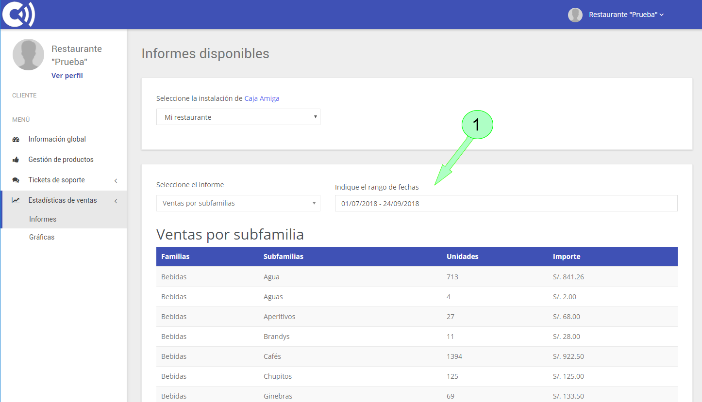 TPV Caja Amiga. Informe: Ventas por subfamilia