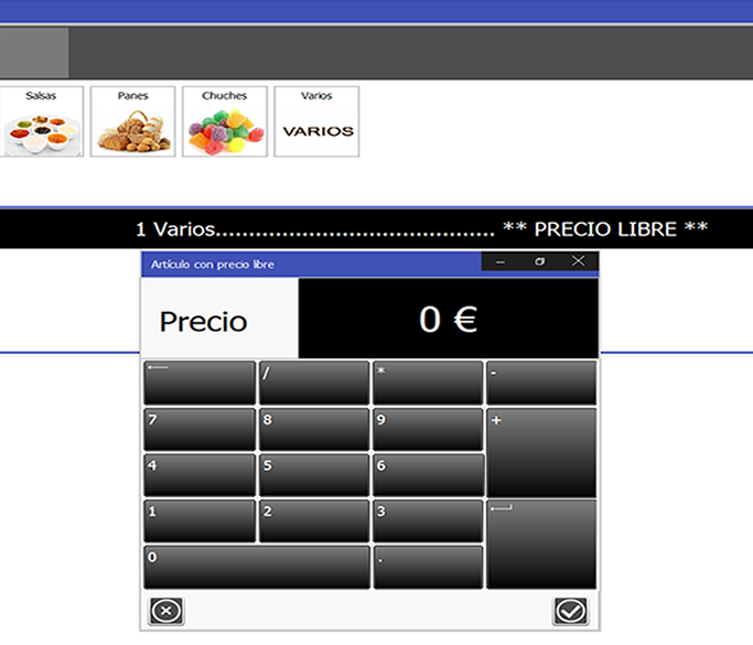TPV Caja Amiga. Imagen de un artículo sin precio