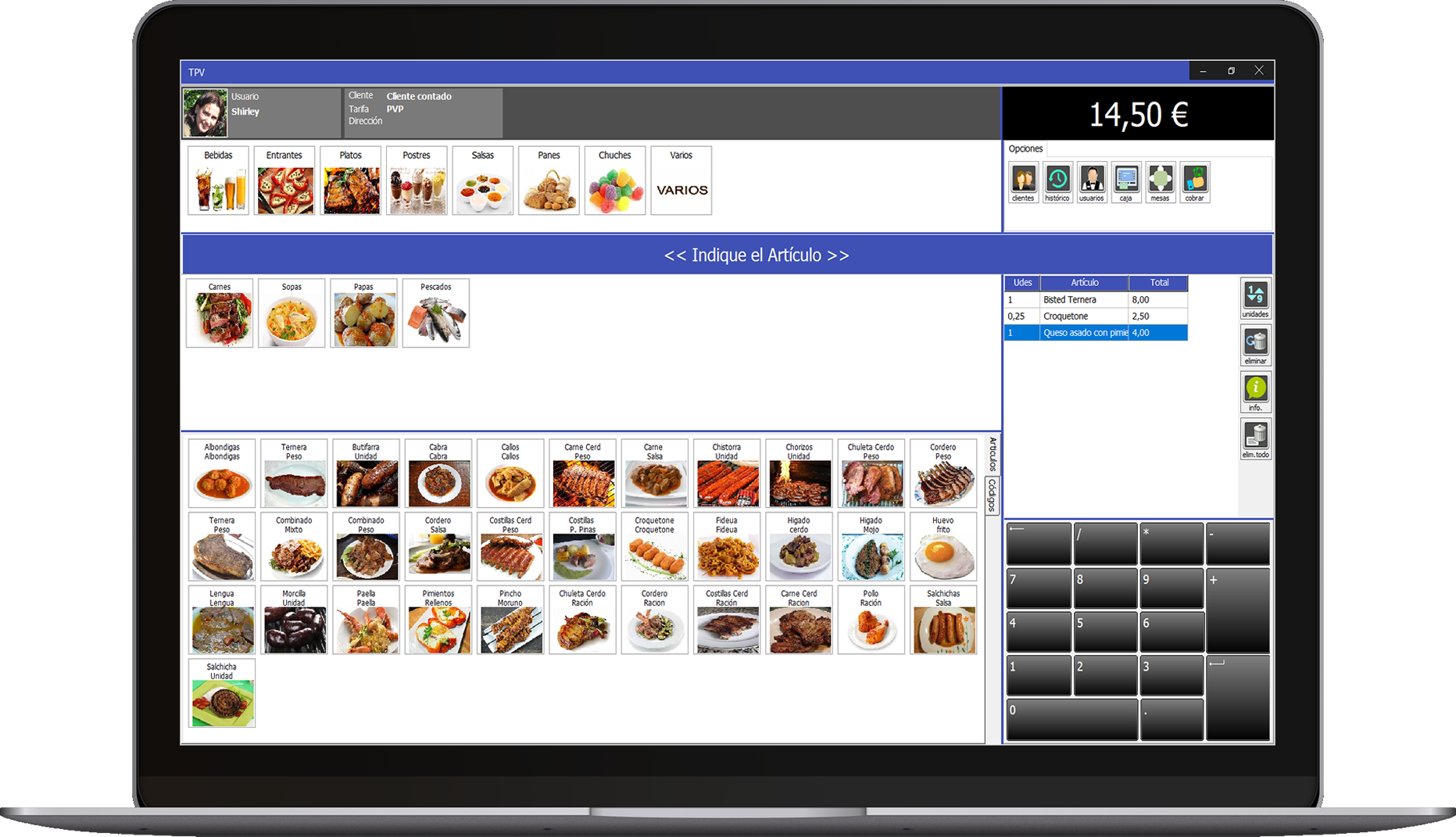 TPV o POS Caja Amiga. Formulario de trabajo de la TPV, familias, subfamilias y artículos
