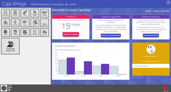 Gestor de Caja Amiga con acceso directo a ventas, tarifas, impuestos, clientes, TPV o POS
